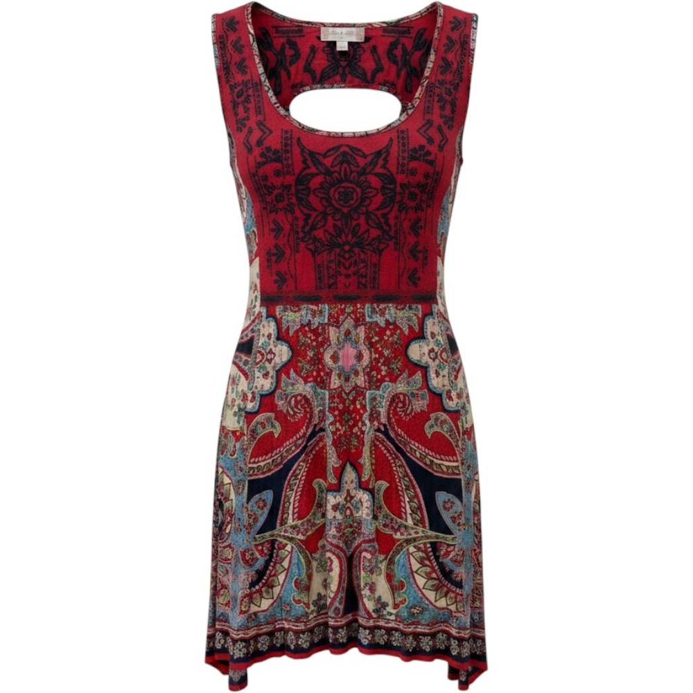 Altar'd State Red Paisley Embroidered Sleeveless Mini Dress Keyhole Back L Boho